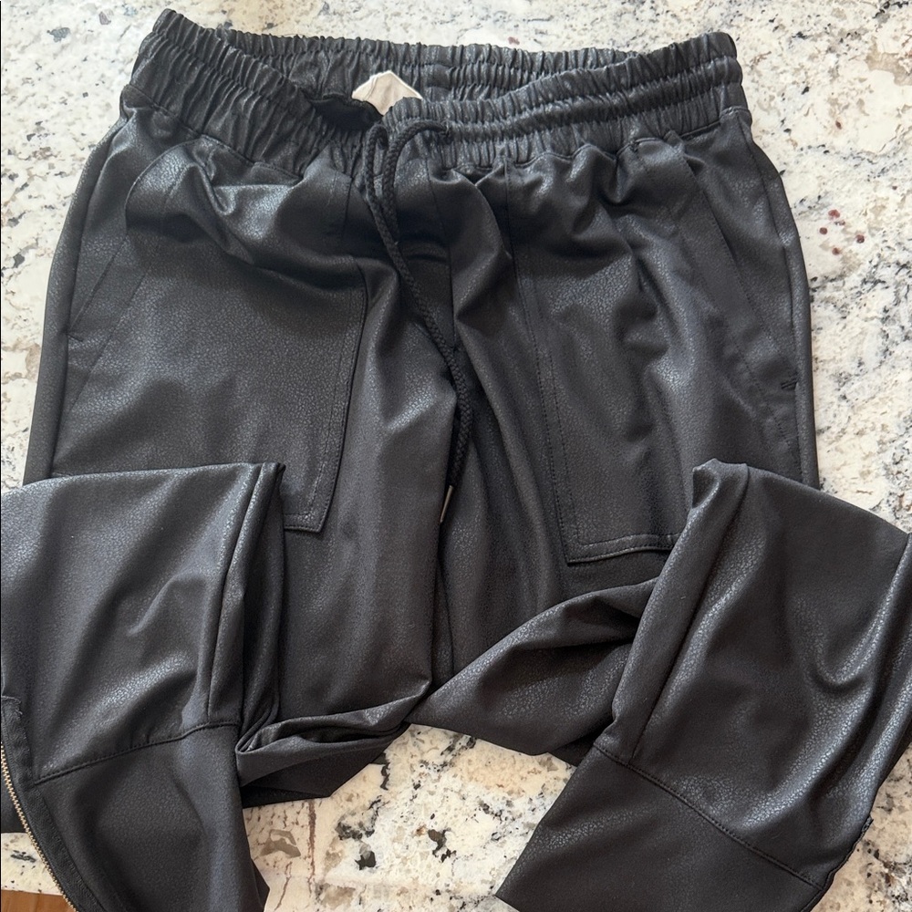 Black Faux Leather Joggers - Women's Track Pants
